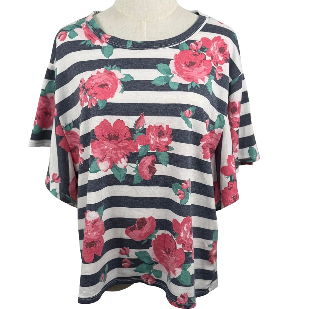 Womens‎ Large Top Navy White Striped Pink Floral Boxy Tee 4152-1P Boho
